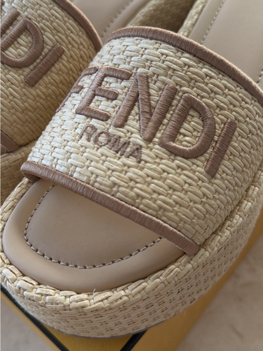 Fendi Beige Raffia Logo Slide Mules - Picture 4 of 8